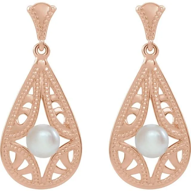 TreasureFineJewelers 14K Rose Gold Freshwater Cultured Pearl VintageInspired Earrings Earrings