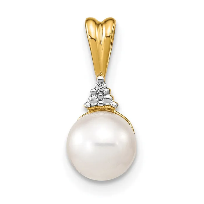 TreasureFineJewelers 14k Yellow Gold 67mm White Round FW Cultured Pearl and Diamond Pendant Necklaces TreasureFineJewelers 14k Yellow Gold 67mm White Round FW Cultured Pearl and Diamond Pendant Necklaces