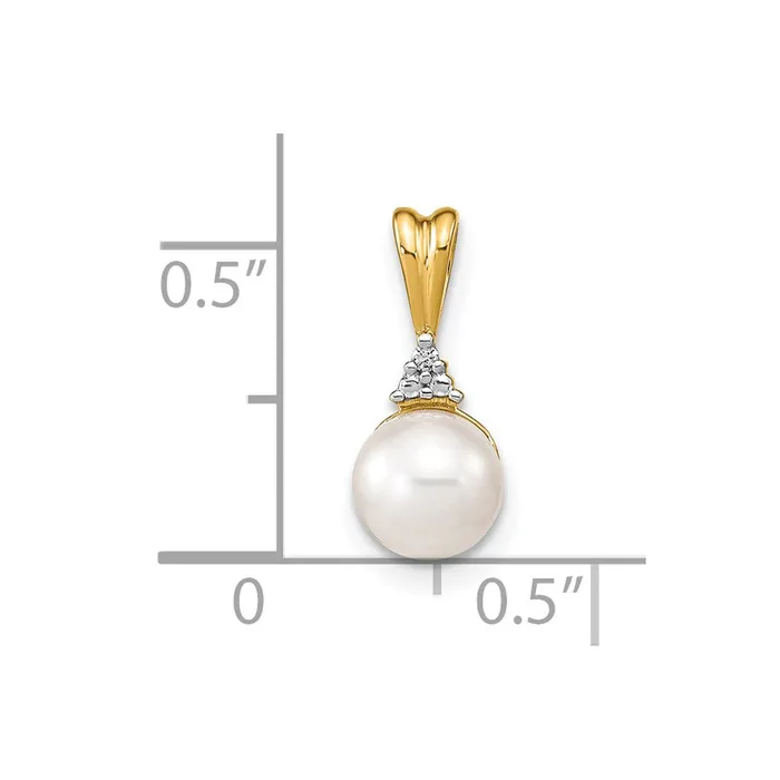 TreasureFineJewelers 14k Yellow Gold 67mm White Round FW Cultured Pearl and Diamond Pendant Necklaces