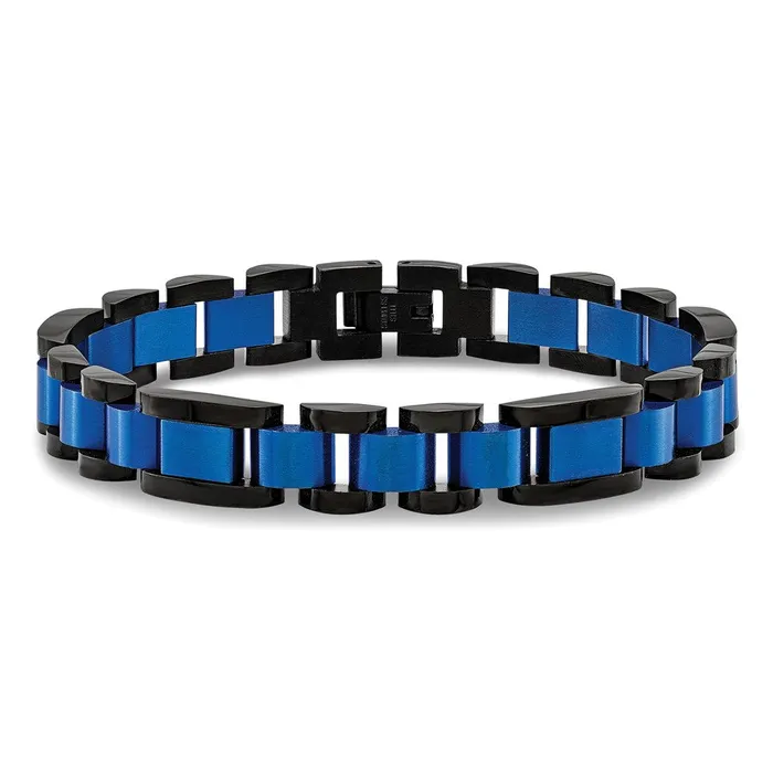 TreasureFineJewelers Bracelets Chisel Stainless Steel Brushed and Polished Black and Blue IPplated 875 inch Open Link Bracelet