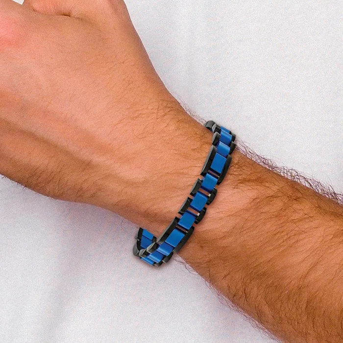 TreasureFineJewelers Bracelets Chisel Stainless Steel Brushed and Polished Black and Blue IPplated 875 inch Open Link Bracelet