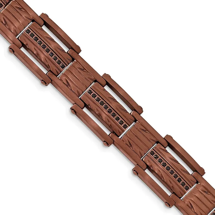 TreasureFineJewelers Bracelets Chisel Stainless Steel Brushed and Textured Brown IPplated with Black CZ 825 inch Link Bracelet TreasureFineJewelers Bracelets Chisel Stainless Steel Brushed and Textured Brown IPplated with Black CZ 825 inch Link Bracelet