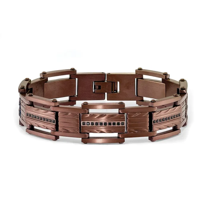 TreasureFineJewelers Bracelets Chisel Stainless Steel Brushed and Textured Brown IPplated with Black CZ 825 inch Link Bracelet