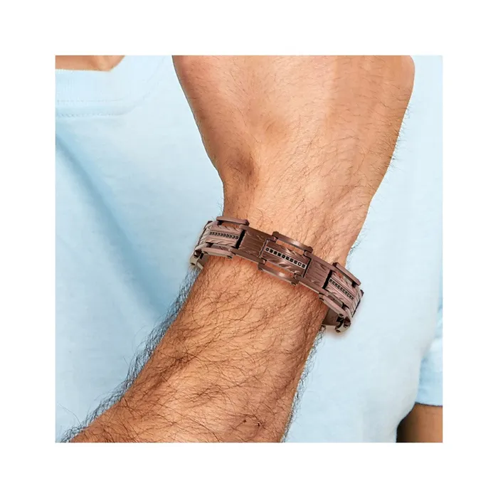 TreasureFineJewelers Bracelets Chisel Stainless Steel Brushed and Textured Brown IPplated with Black CZ 825 inch Link Bracelet