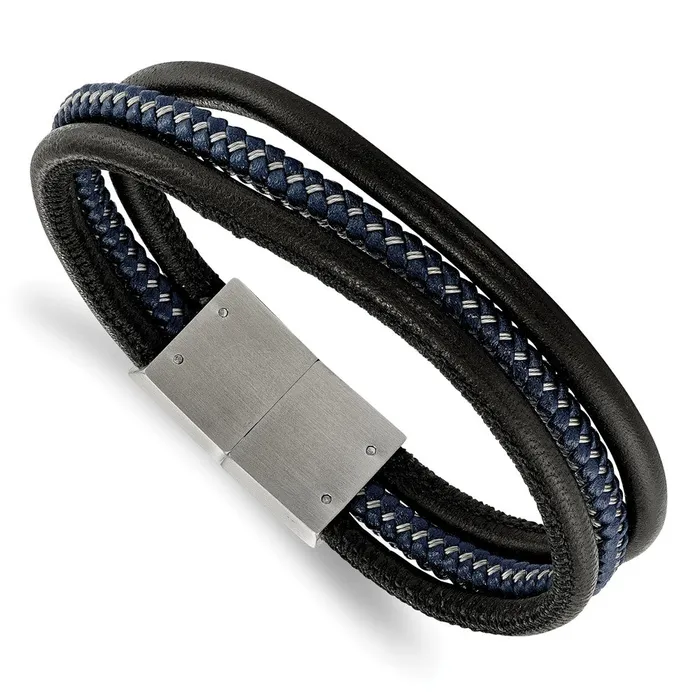 TreasureFineJewelers Bracelets Chisel Stainless Steel Brushed Wire Multi Strand Black and Blue Braided Leather 8 inch Bracelet TreasureFineJewelers Bracelets Chisel Stainless Steel Brushed Wire Multi Strand Black and Blue Braided Leather 8 inch Bracelet