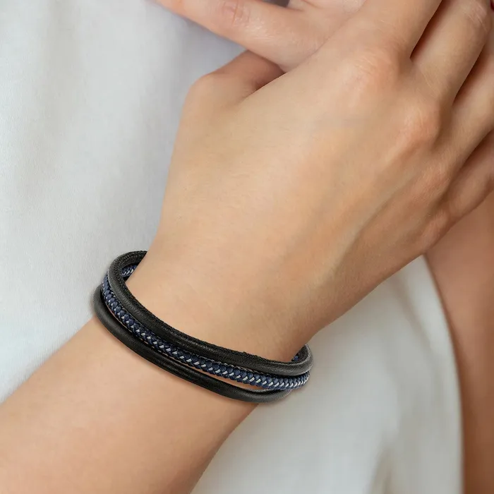TreasureFineJewelers Bracelets Chisel Stainless Steel Brushed Wire Multi Strand Black and Blue Braided Leather 8 inch Bracelet