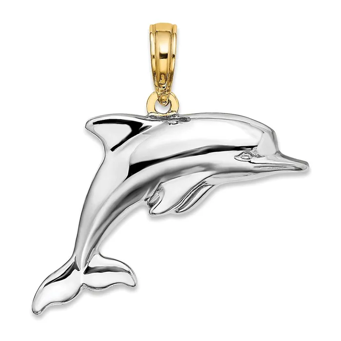 TreasureFineJewelers Charm Necklaces 14k wRhodium 3D Reversible Puffed Dolphin Charm