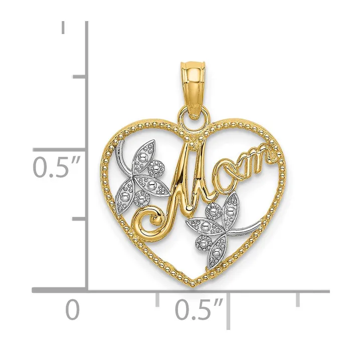 TreasureFineJewelers Charm Necklaces 14k w Rhodium Textured Heart w MOM Charm