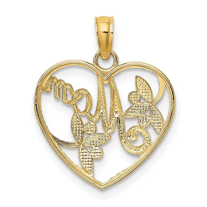 TreasureFineJewelers Charm Necklaces 14k w Rhodium Textured Heart w MOM Charm