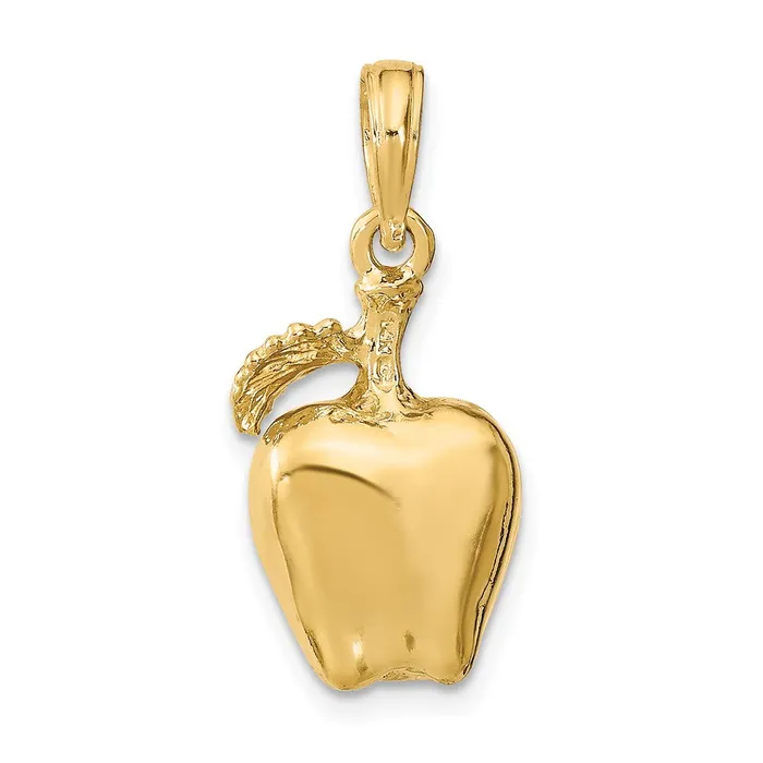 TreasureFineJewelers Charm Necklaces 14k Yellow Gold 3D Apple W Stem and Leaf Charm