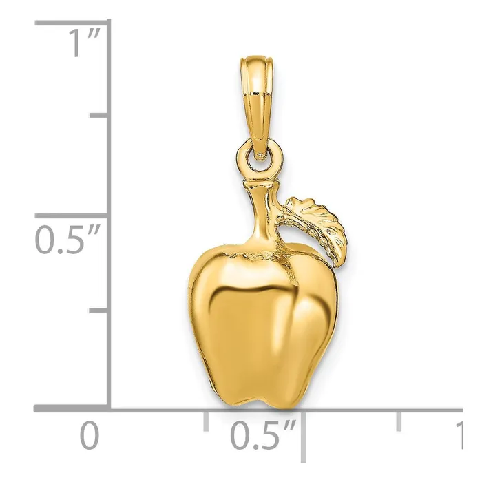 TreasureFineJewelers Charm Necklaces 14k Yellow Gold 3D Apple W Stem and Leaf Charm