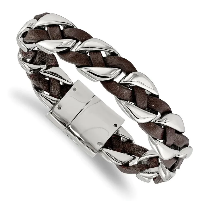 TreasureFineJewelers Chisel Stainless Steel Polished Brown Braided Leather 85 inch Bracelet Bracelets TreasureFineJewelers Chisel Stainless Steel Polished Brown Braided Leather 85 inch Bracelet Bracelets