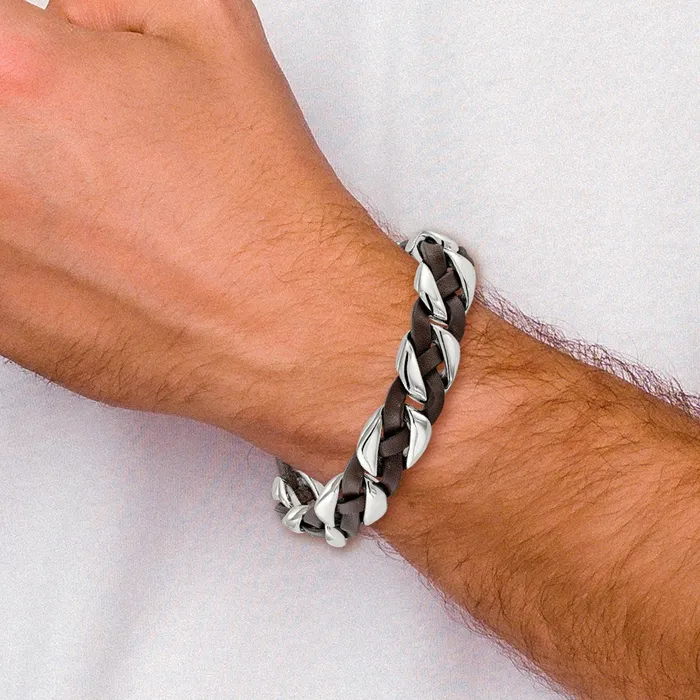 TreasureFineJewelers Chisel Stainless Steel Polished Brown Braided Leather 85 inch Bracelet Bracelets