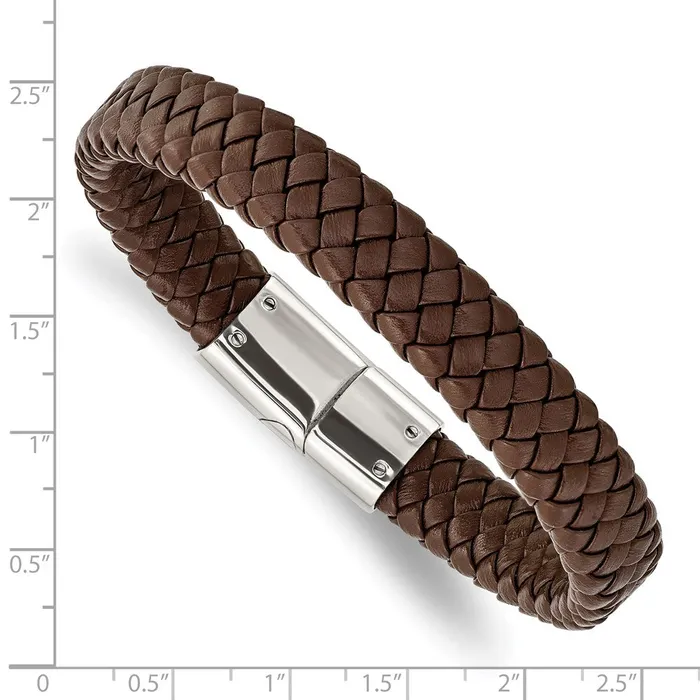 TreasureFineJewelers Chisel Stainless Steel Polished Brown Braided Leather 85 inch Bracelet Bracelets