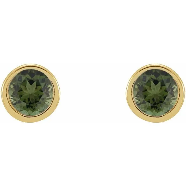 TreasureFineJewelers Earrings 14K Yellow Gold 25 mm Round Natural Green Tourmaline Micro BezelSet Earrings