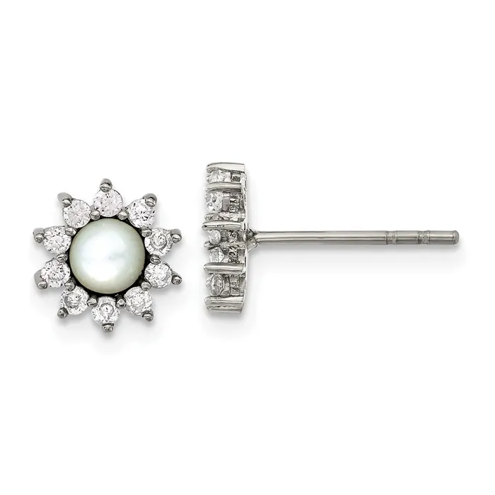 TreasureFineJewelers Earrings Stainless Steel Polished Mother of Pearl and CZ Earrings TreasureFineJewelers Earrings Stainless Steel Polished Mother of Pearl and CZ Earrings