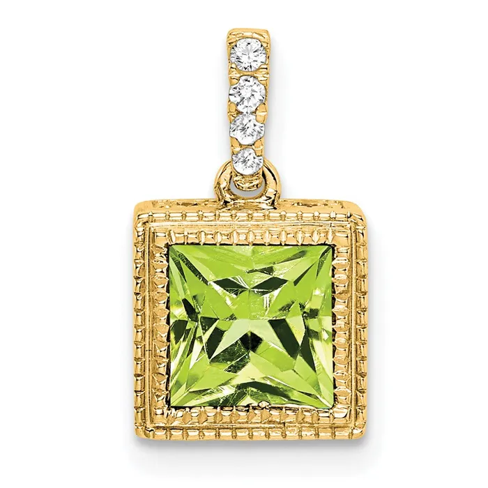 TreasureFineJewelers Necklaces 14k Square Peridot and Diamond Pendant