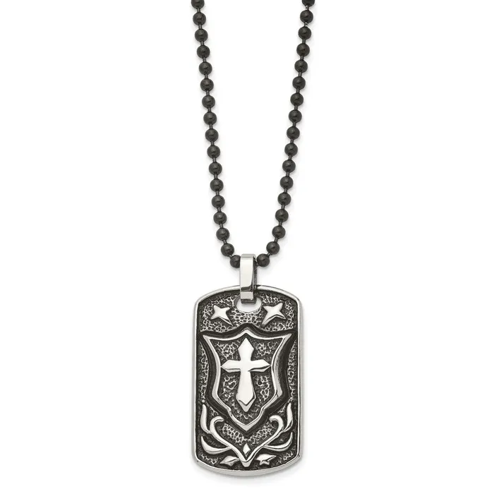 TreasureFineJewelers Necklaces Chisel Stainless Steel Antiqued Polished and Textured Cross Dog Tag on a 24 inch Ball Chain Necklace