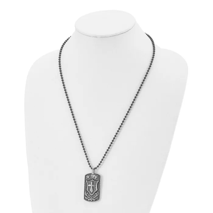 TreasureFineJewelers Necklaces Chisel Stainless Steel Antiqued Polished and Textured Cross Dog Tag on a 24 inch Ball Chain Necklace