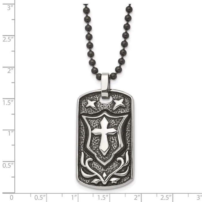 TreasureFineJewelers Necklaces Chisel Stainless Steel Antiqued Polished and Textured Cross Dog Tag on a 24 inch Ball Chain Necklace