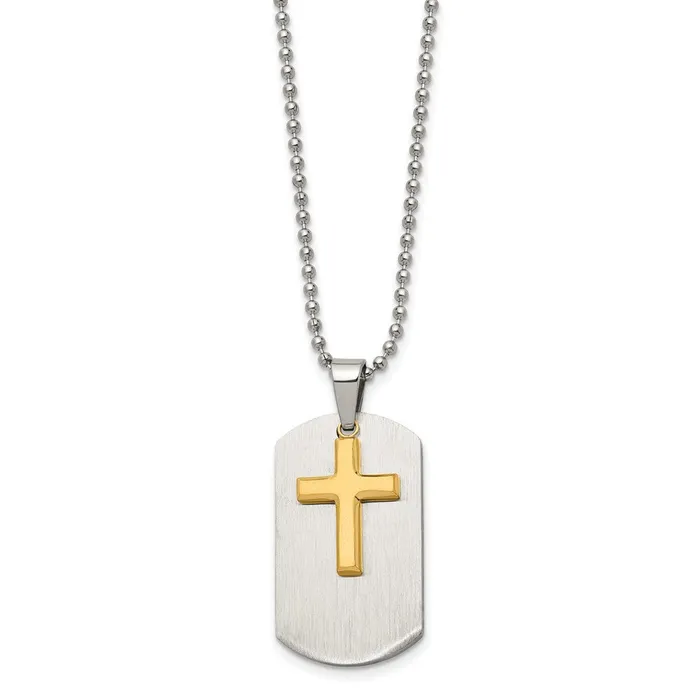 TreasureFineJewelers Necklaces Chisel Stainless Steel Brushed and Polished Yellow IPplated 2 Piece Cross Dog Tag on a 22 inch Ball Chain Necklace