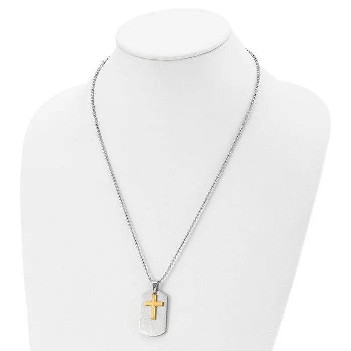TreasureFineJewelers Necklaces Chisel Stainless Steel Brushed and Polished Yellow IPplated 2 Piece Cross Dog Tag on a 22 inch Ball Chain Necklace