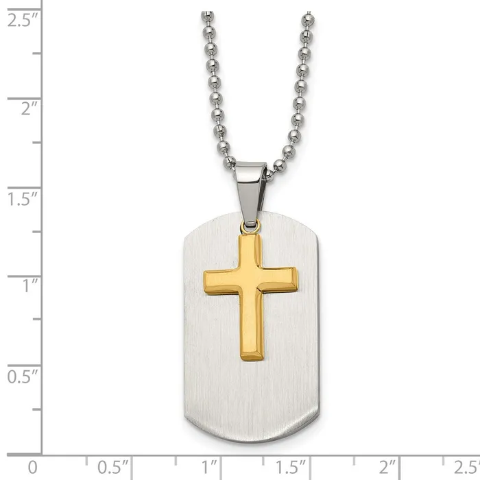 TreasureFineJewelers Necklaces Chisel Stainless Steel Brushed and Polished Yellow IPplated 2 Piece Cross Dog Tag on a 22 inch Ball Chain Necklace