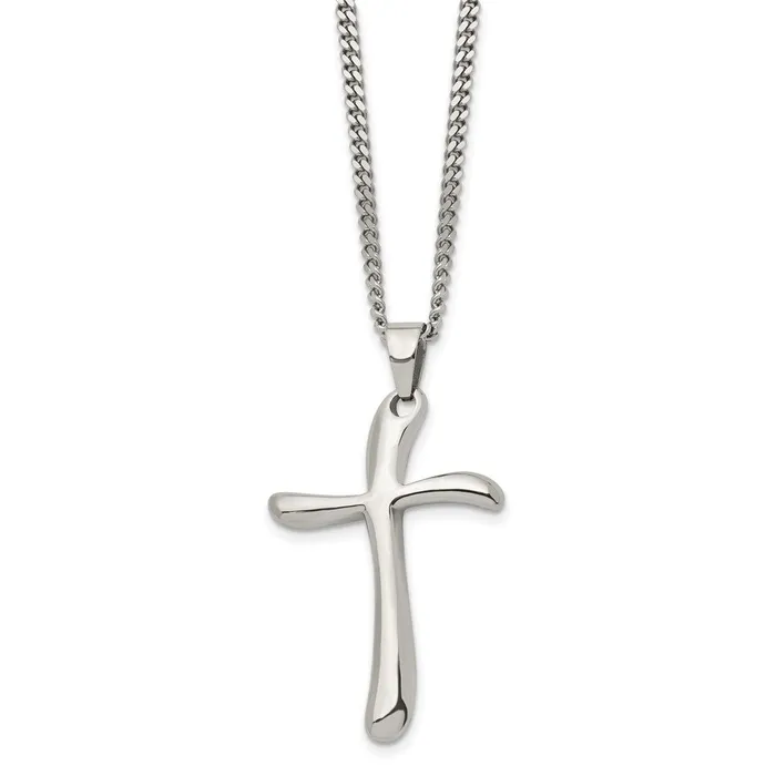 TreasureFineJewelers Necklaces Chisel Stainless Steel Polished Wavy Cross Pendant on a 22 inch Curb Chain Necklace