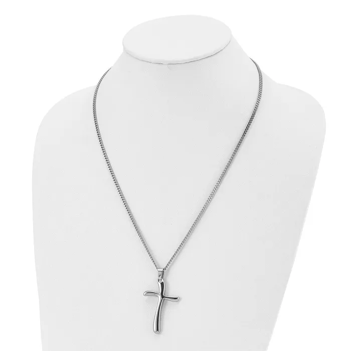 TreasureFineJewelers Necklaces Chisel Stainless Steel Polished Wavy Cross Pendant on a 22 inch Curb Chain Necklace