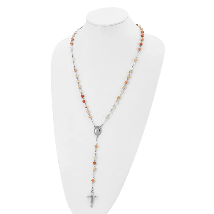 TreasureFineJewelers Necklaces Chisel Stainless Steel Polished with Agate Beads 31 inch Rosary Necklace