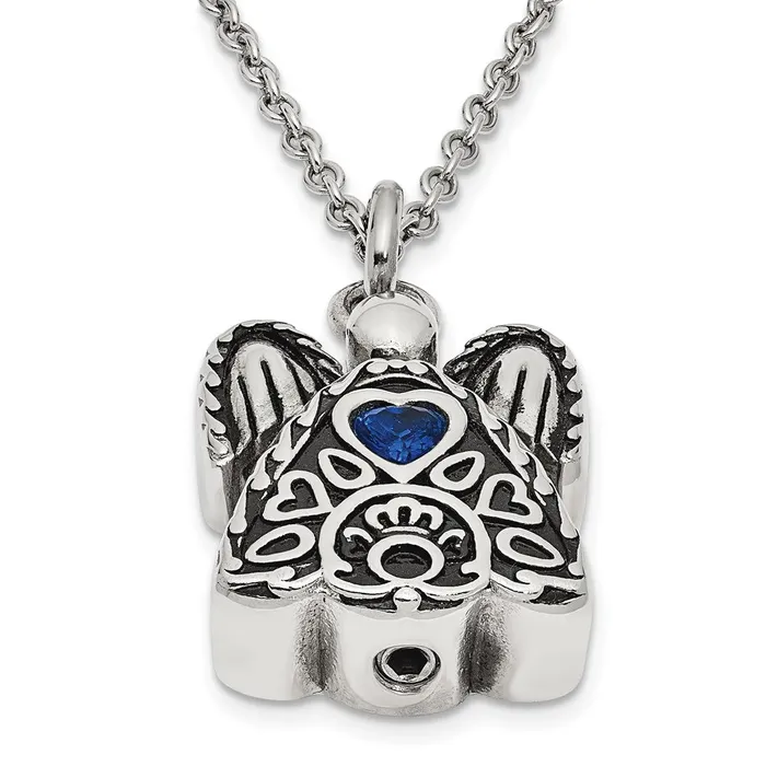 TreasureFineJewelers Necklaces Sentimental Expressions Stainless Steel Dark Blue CZ September Birthstone Antiqued Angel Ash Holder 18 inch Necklace