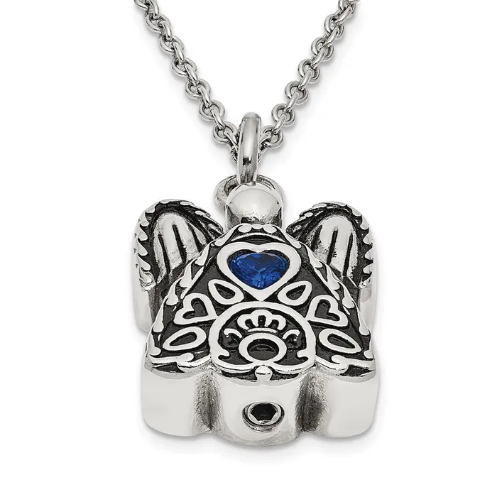 TreasureFineJewelers Necklaces Sentimental Expressions Stainless Steel Dark Blue CZ September Birthstone Antiqued Angel Ash Holder 18 inch Necklace