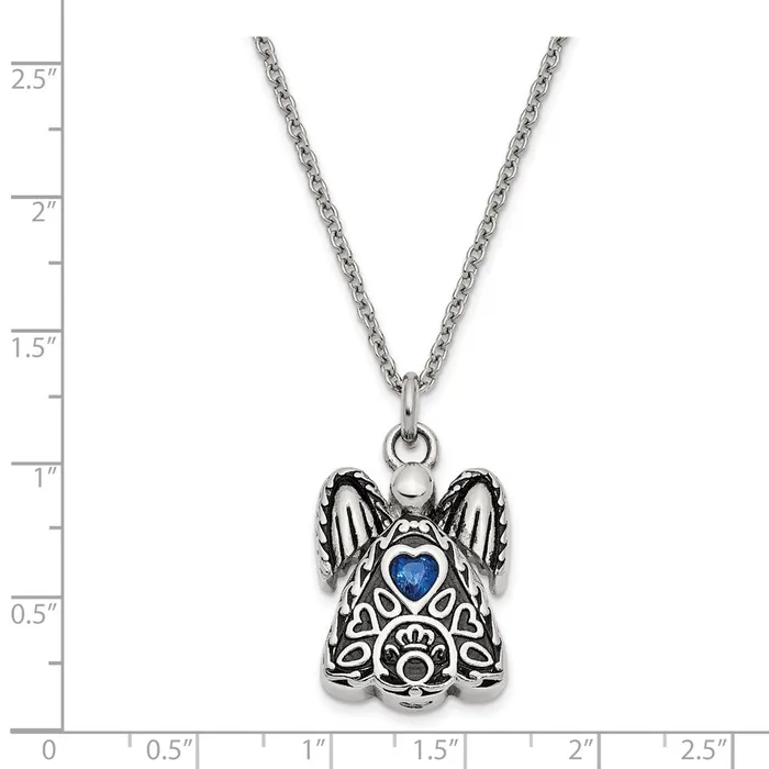 TreasureFineJewelers Necklaces Sentimental Expressions Stainless Steel Dark Blue CZ September Birthstone Antiqued Angel Ash Holder 18 inch Necklace