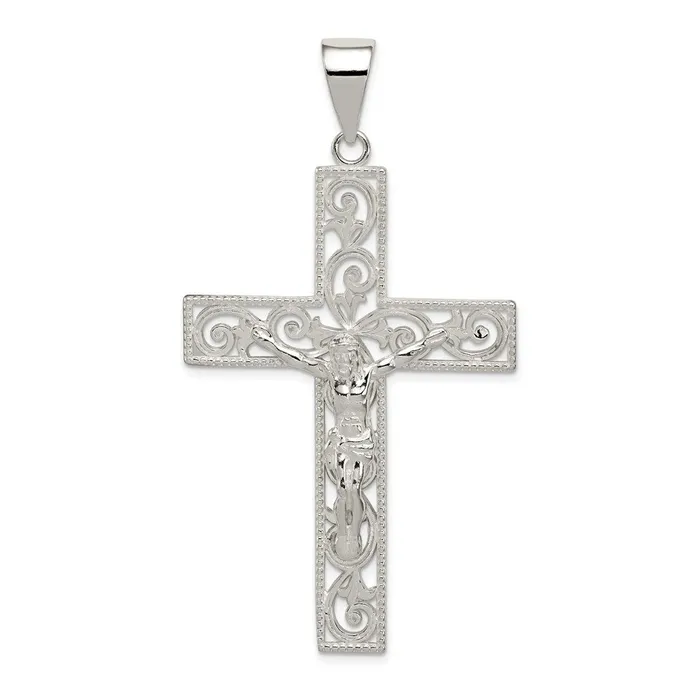 TreasureFineJewelers Necklaces Sterling Silver Polished Beaded Filigree Crucifix Pendant
