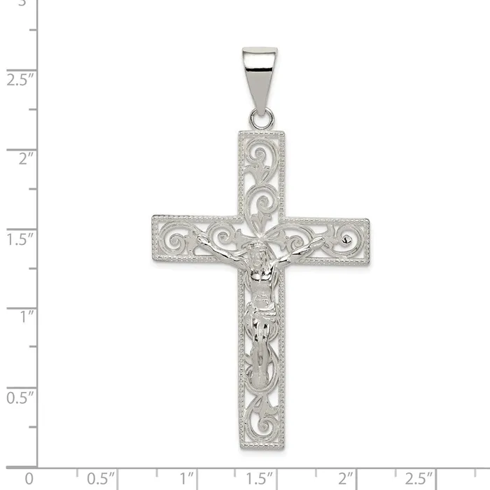 TreasureFineJewelers Necklaces Sterling Silver Polished Beaded Filigree Crucifix Pendant