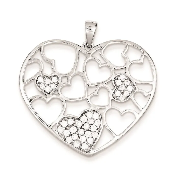 TreasureFineJewelers Necklaces Sterling Silver Polished CZ Hearts Pendant