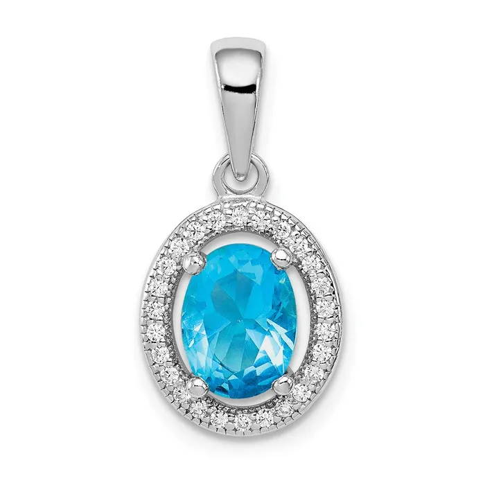TreasureFineJewelers Necklaces Sterling Silver Rhodplated w Light Blue and White CZ Oval Pendant