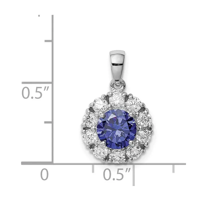 TreasureFineJewelers Necklaces Sterling Silver Rhodiumplated Blue and White CZ Halo Pendant