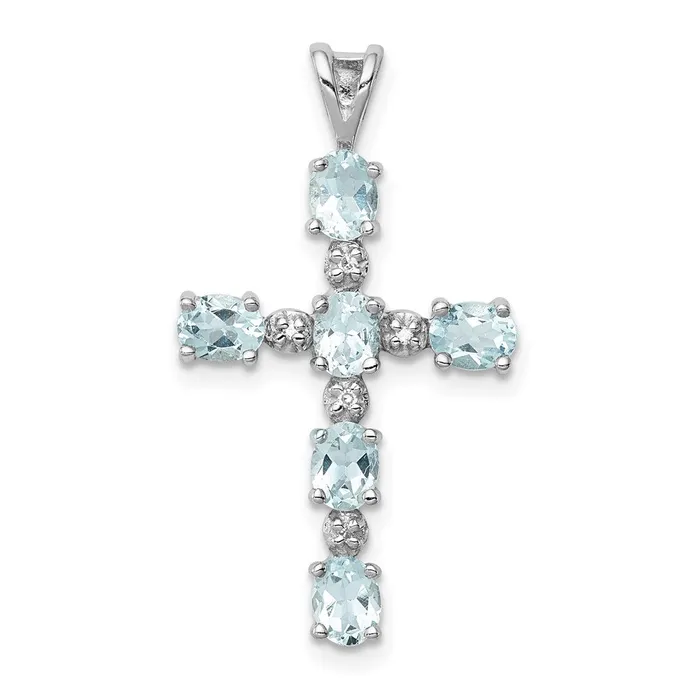 TreasureFineJewelers Necklaces Sterling Silver Rhodium Plated Diamond Aquamarine Cross Pendant