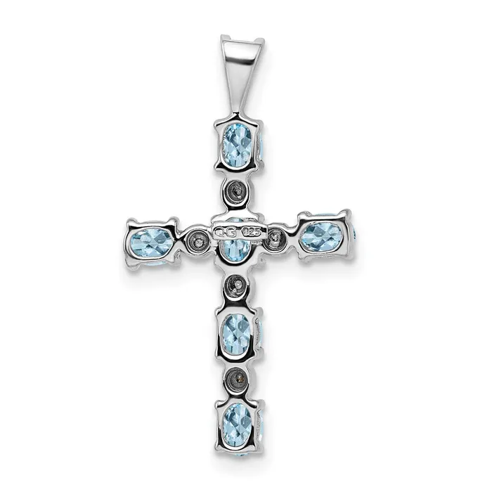 TreasureFineJewelers Necklaces Sterling Silver Rhodium Plated Diamond Aquamarine Cross Pendant