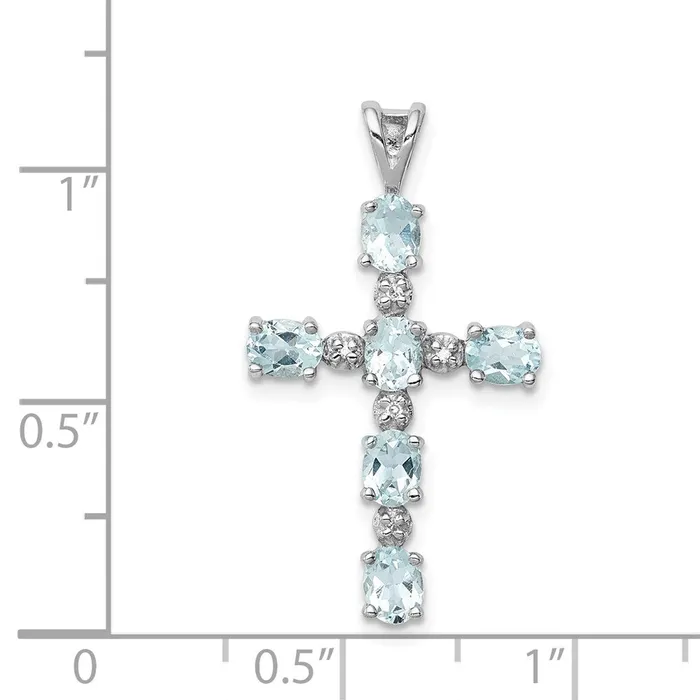 TreasureFineJewelers Necklaces Sterling Silver Rhodium Plated Diamond Aquamarine Cross Pendant