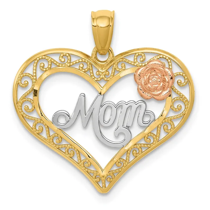 TreasureFineJewelers Rings 14k Twotone wWhite Rhodium DC MOM in Heart wRose Pendant TreasureFineJewelers Rings 14k Twotone wWhite Rhodium DC MOM in Heart wRose Pendant