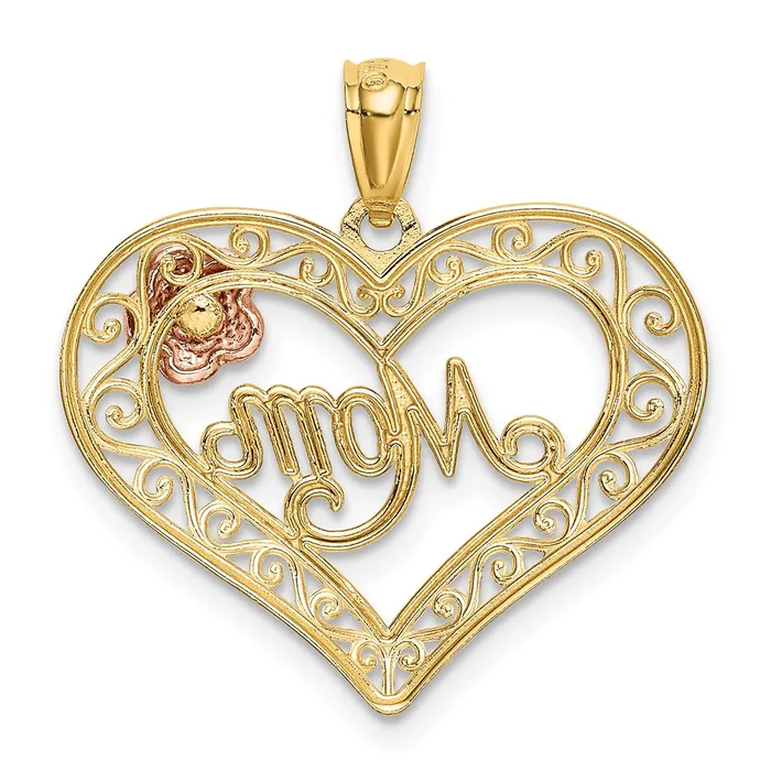TreasureFineJewelers Rings 14k Twotone wWhite Rhodium DC MOM in Heart wRose Pendant