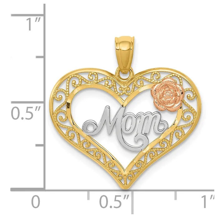 TreasureFineJewelers Rings 14k Twotone wWhite Rhodium DC MOM in Heart wRose Pendant