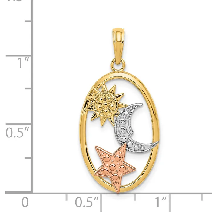 TreasureFineJewelers Rings 14k Twotone wWhite Rhodium Sun Moon and Star Oval Pendant