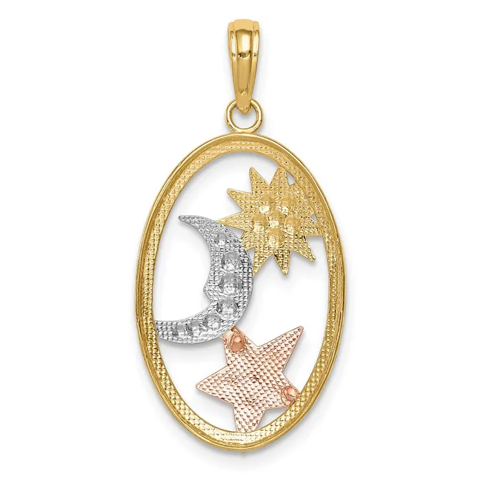 TreasureFineJewelers Rings 14k Twotone wWhite Rhodium Sun Moon and Star Oval Pendant