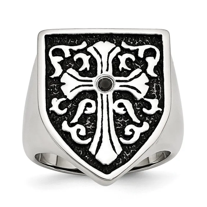 TreasureFineJewelers Rings Stainless Steel Antiqued Polished 120ct Black Diamond Shield Ring TreasureFineJewelers Rings Stainless Steel Antiqued Polished 120ct Black Diamond Shield Ring