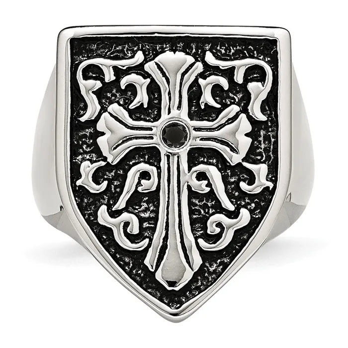 TreasureFineJewelers Rings Stainless Steel Antiqued Polished 120ct Black Diamond Shield Ring