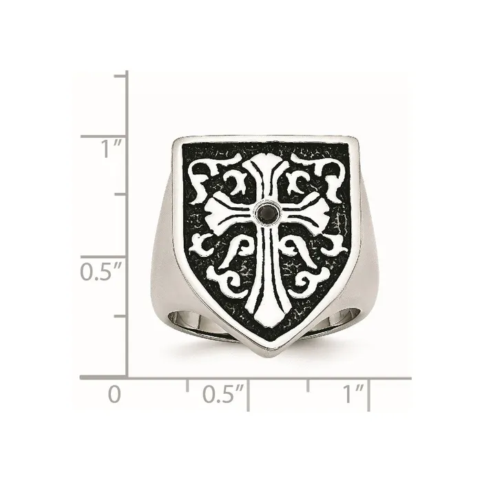 TreasureFineJewelers Rings Stainless Steel Antiqued Polished 120ct Black Diamond Shield Ring