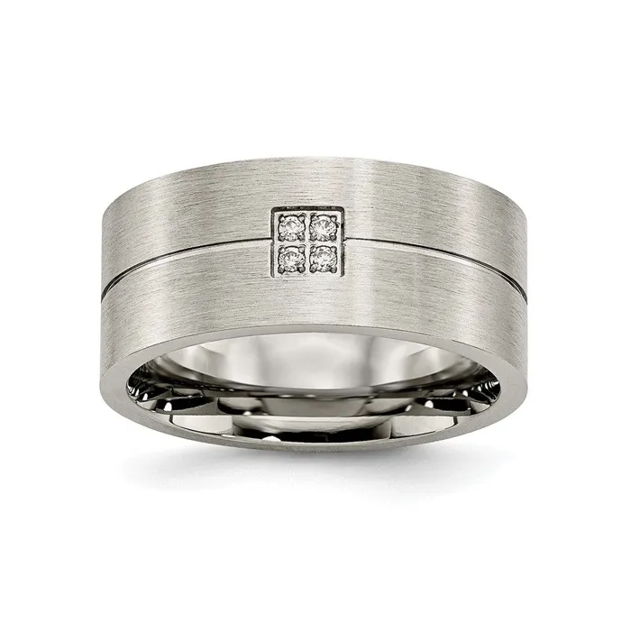 TreasureFineJewelers Rings Stainless Steel Brushed wCZ 10mm Flat Band